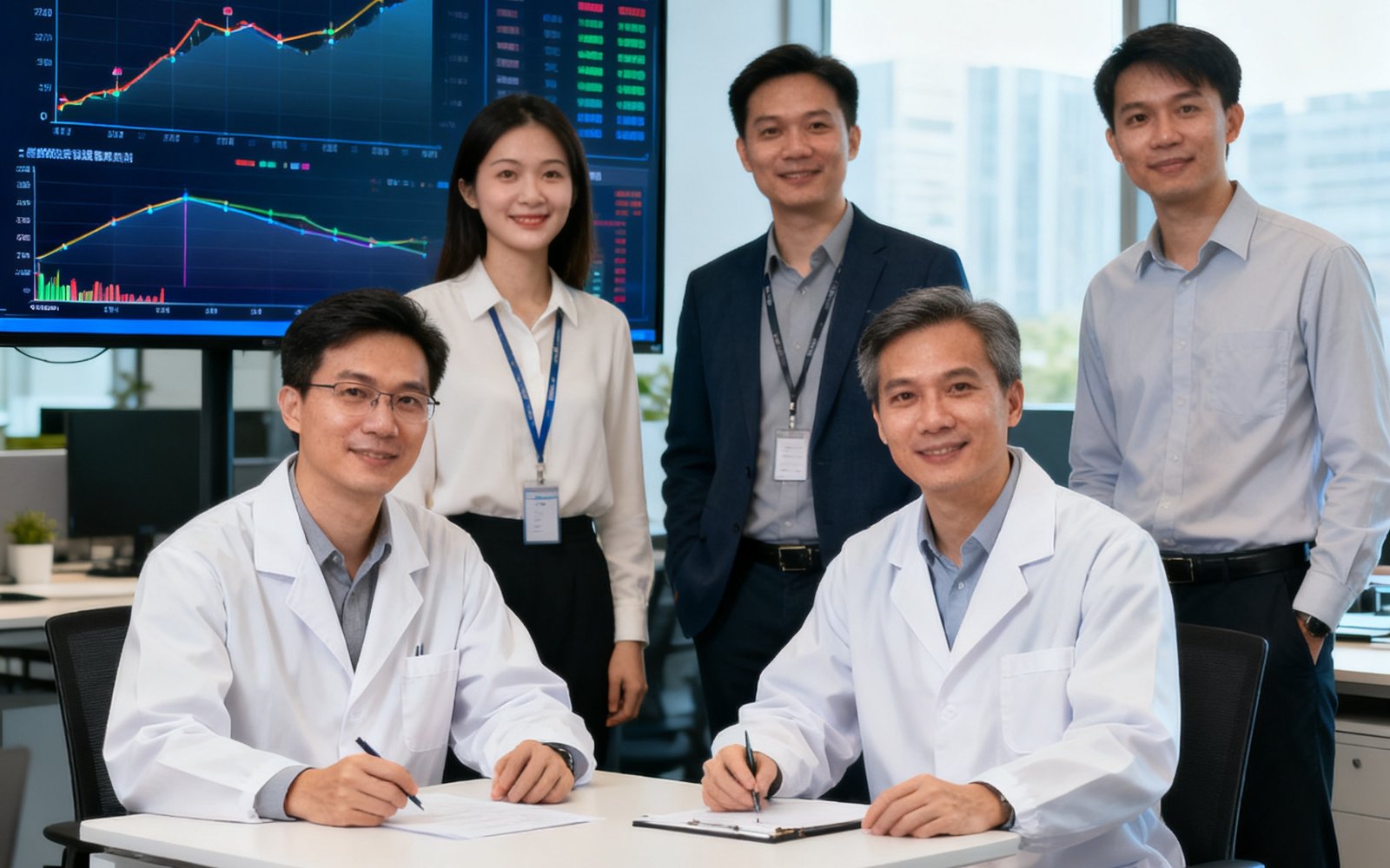 公海贵宾会员检测中心深圳总部团队合影，研发工程师与数据分析师在现代化办公室协作讨论，背景为大型数据屏幕